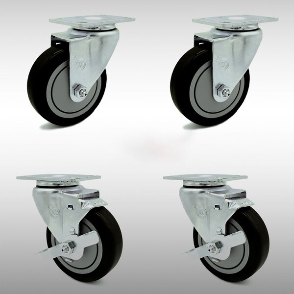 4 Inch SS Black Polyurethane Swivel Top Plate Caster Set with 2 Brakes SCC